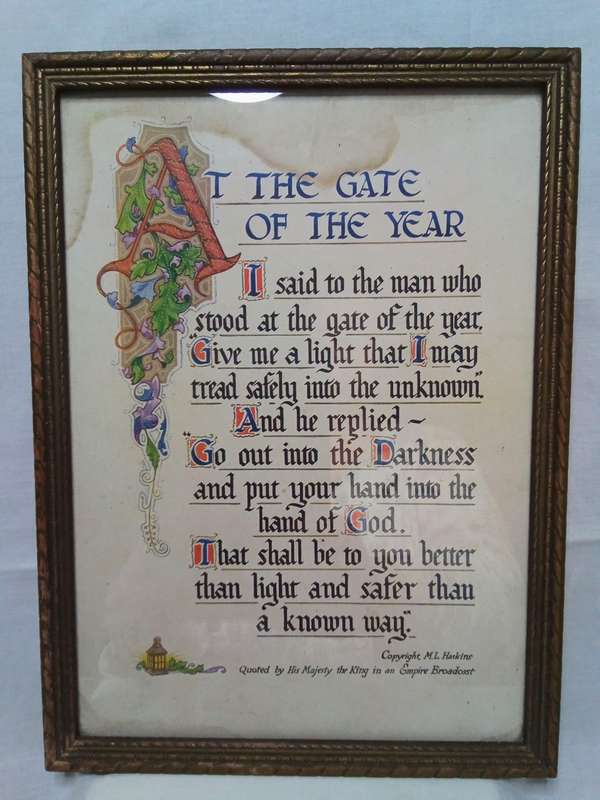Vintage framed "At the gate of the year" quote