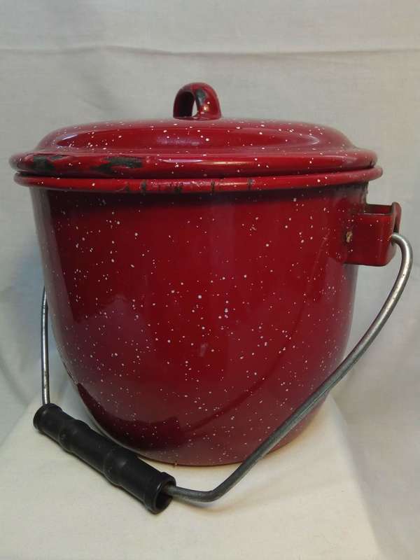 Vintage little red enamel bucket with lid