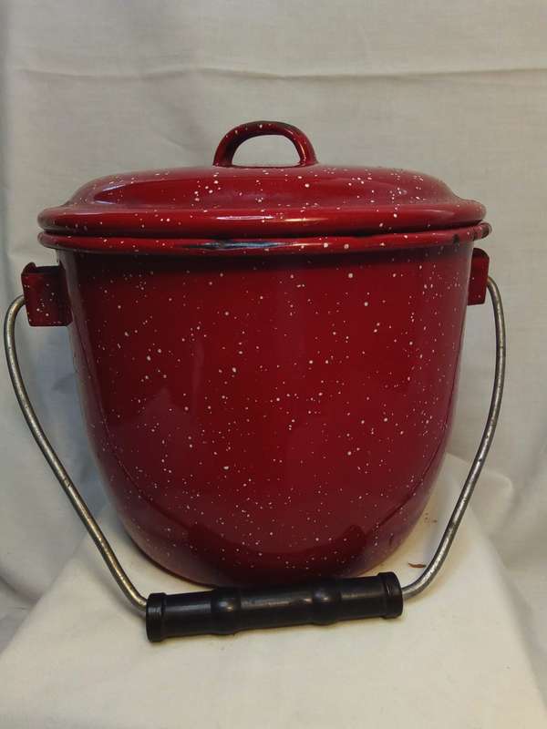 Vintage little red enamel bucket with lid