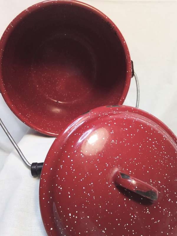 Vintage little red enamel bucket with lid