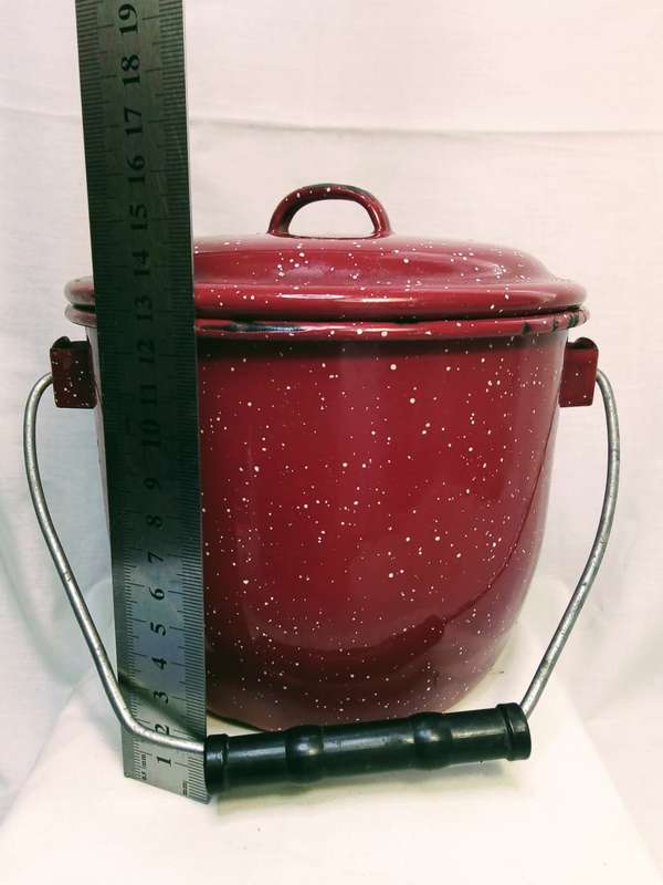 Vintage little red enamel bucket with lid