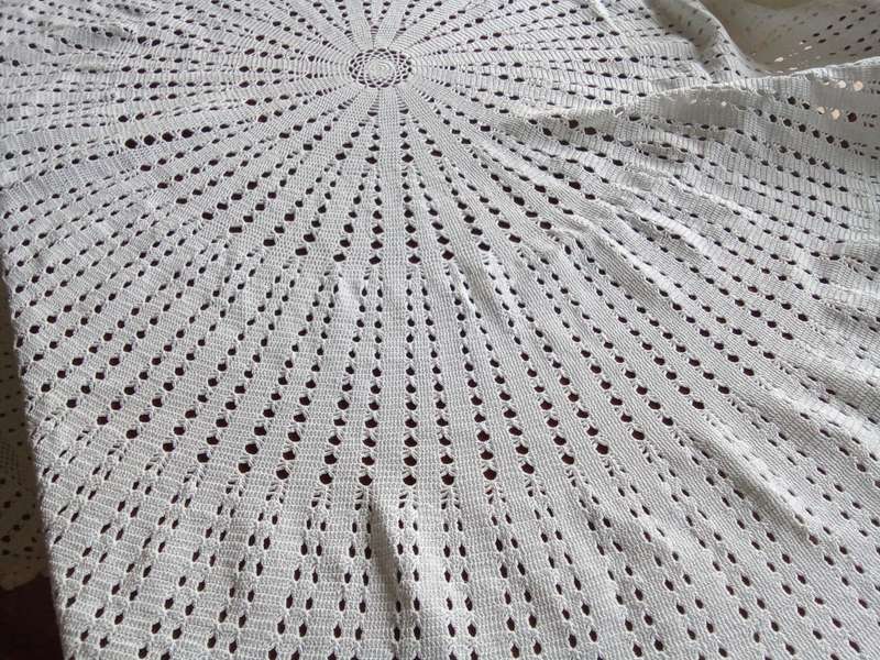 Stunning large white vintage hand crocheted round tablecloth