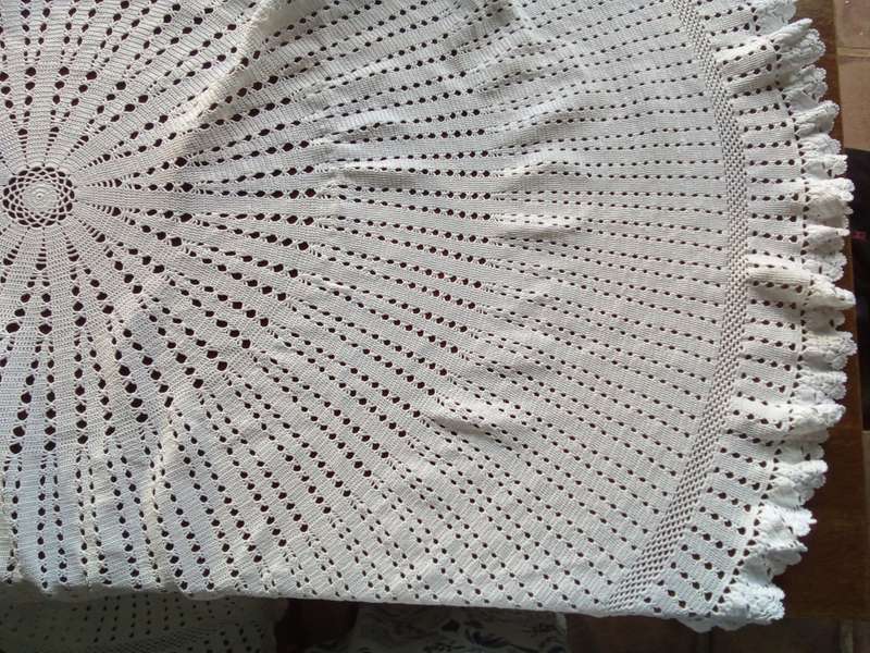Stunning large white vintage hand crocheted round tablecloth