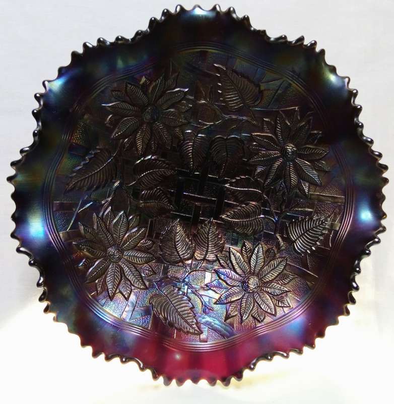 Northwood carnival glass Pointsettia and lattice electric blue footed bowl