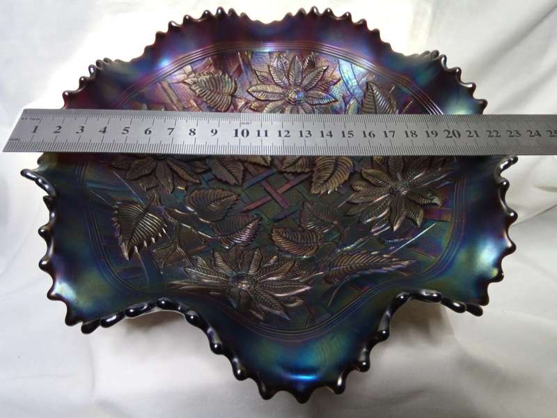 Northwood carnival glass Pointsettia and lattice electric blue footed bowl