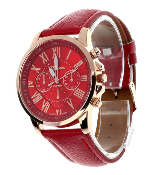 Ladies Geneva Platinum Roman Leather Band Analog Quartz Wrist Watch - Red