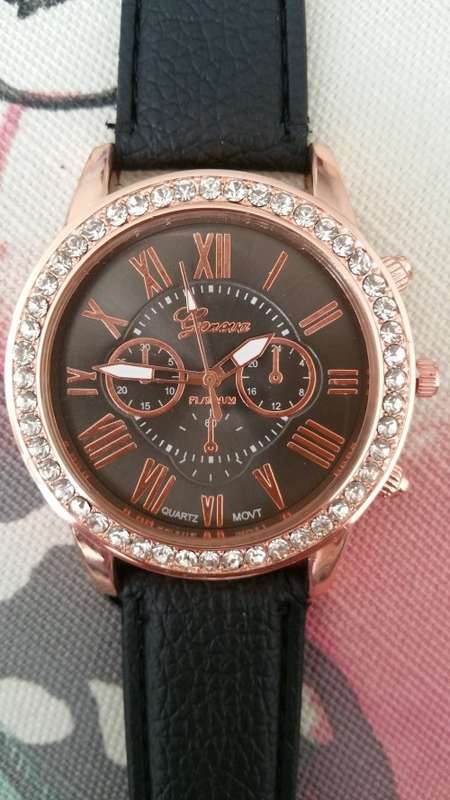 Ladies PU Leather Rhinestone Studded Quartz Watch - Black