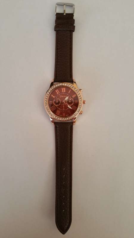 Ladies PU Leather Rhinestone Studded Quartz Watch - Black
