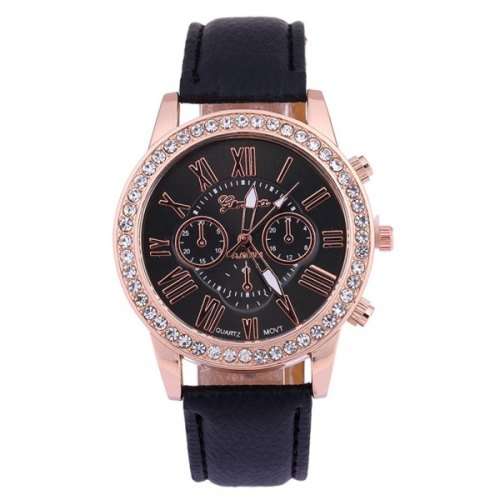 Ladies PU Leather Rhinestone Studded Quartz Watch - Black