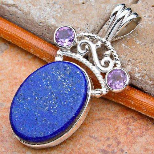 GEMTASTIC Genuine Pyrite in LAPIS LAZULI and AMETHYST Pendant!