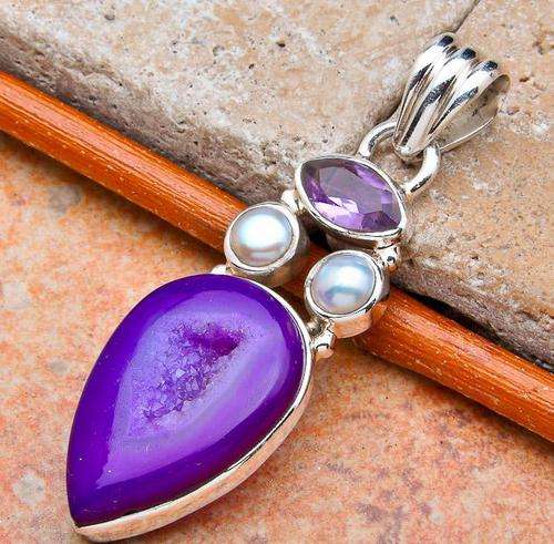 INTRIGUING Purple GEODE slice, PEARLS and AMETHYST .925 Sterling Silver Pendant!