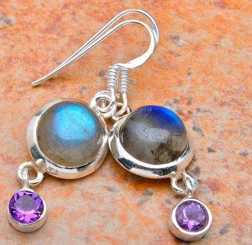 MYSTERIOUS Genuine LABRADORITE and AMETHYST .925% Sterling Silver Earrings!