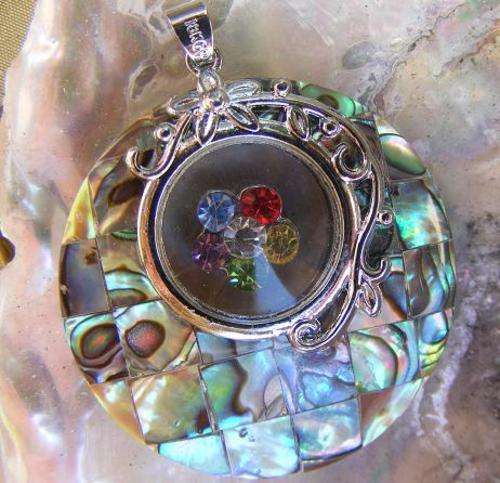 UNIQUE design! Genuine   ABALONE and Quartz Crystals  Pendant!  BEYOND STRIKING!!