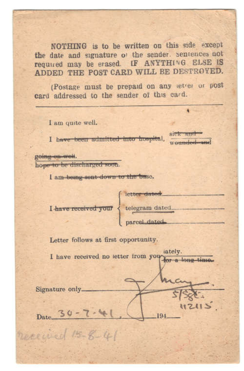 W W ll - Field Service Post Card. 30.7.41  To Sea point Cape