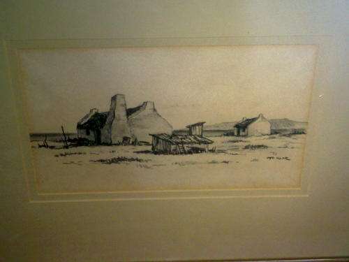 Otto Klar original charcoal painting of cottages. Framed. Signed.