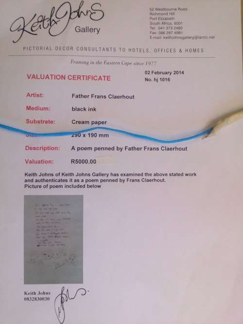 Rare!!! Beautiful poem written by Frans Claerhout in his own hand, COA