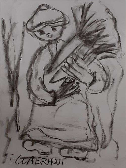 LARGE!!! Frans Claerhout - FIGURE - 65cm x 50cm (CHARCOAL). COA Included. MAKE AN OFFER!!!!