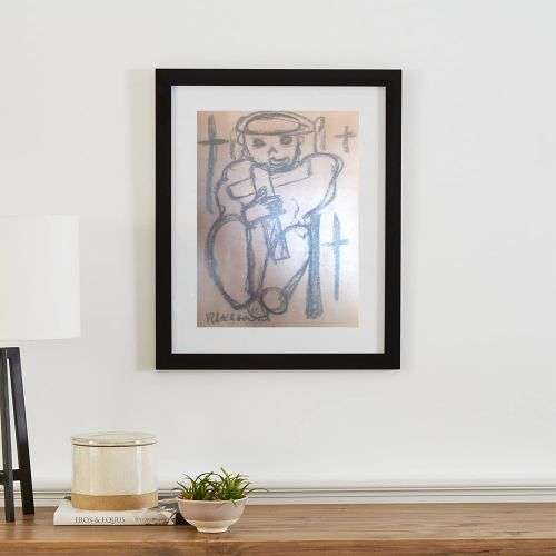 Father Frans Claerhout art - Holding a cross.- Charcoal on paper. COA Included.