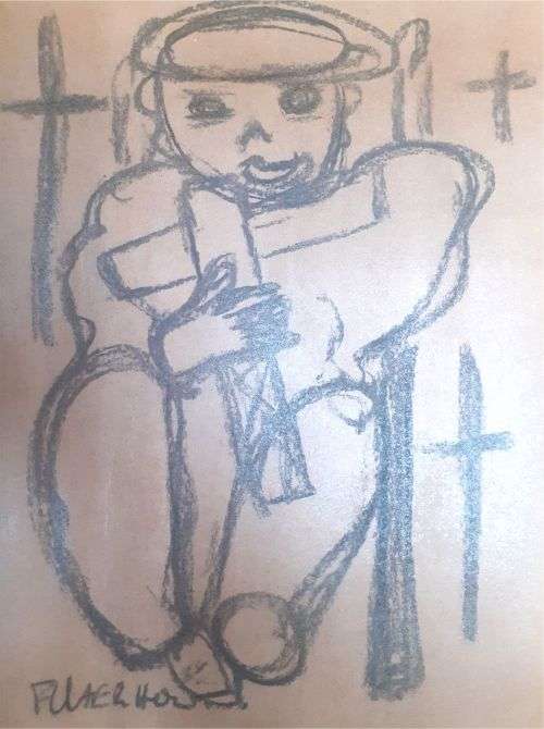 Father Frans Claerhout art - Holding a cross.- Charcoal on paper. COA Included.