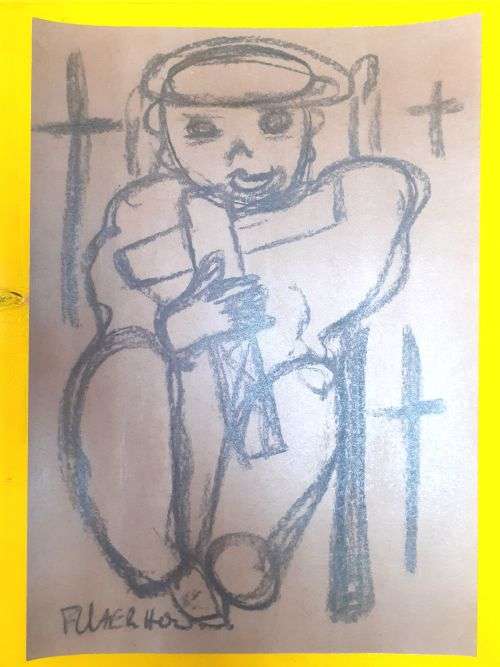 Father Frans Claerhout art - Holding a cross.- Charcoal on paper. COA Included.