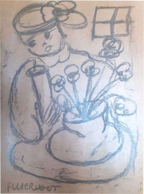 LARGE Father Frans Claerhout art - Lady with flowers.- Charcoal on paper. COA Included.