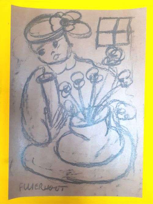 LARGE Father Frans Claerhout art - Lady with flowers.- Charcoal on paper. COA Included.