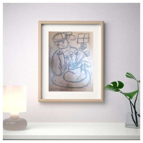 LARGE Father Frans Claerhout art - Lady with flowers.- Charcoal on paper. COA Included.