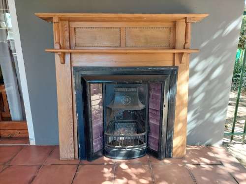 Antique Cast Iron Fireplace With Wooden Mantle Piece
