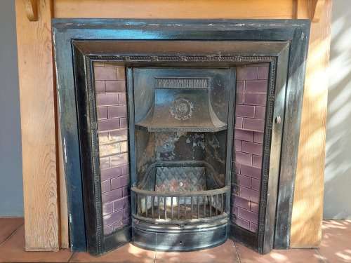 Antique Cast Iron Fireplace With Wooden Mantle Piece