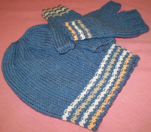 Denim Blue hand knitted cap and fingerless gloves