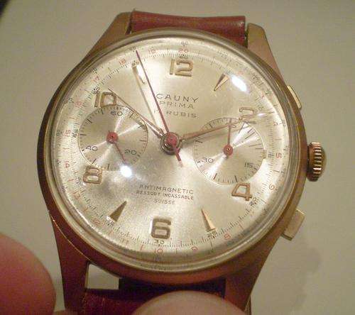 1950's CAUNY, Prima 17 Rubis Chronograph, gold plated, manual wind - Serviced