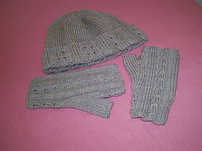 Hand-knitted cap and fingerless glove set