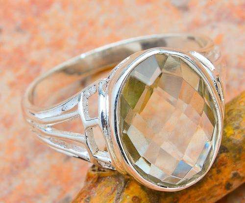 Beautiful Faceted Green Amethyst (white gold plated) 925 Sterling Silver Ring