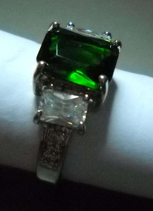 8x10mm EMERALD & CZ SIMS SET IN 14kt WHITE GOLD PLATE RING. STUNNING