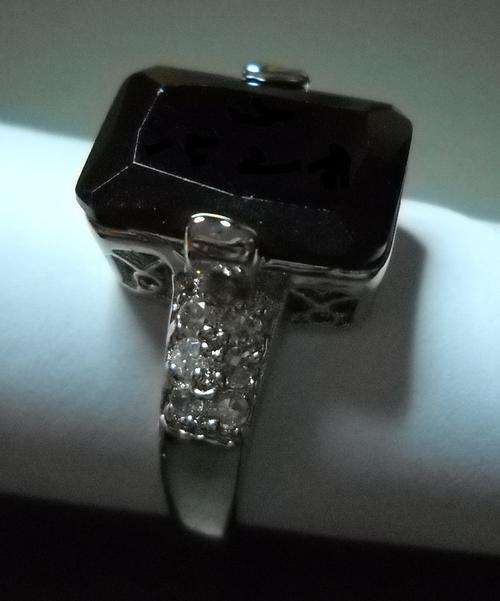 10x14mm BLACK SAPPHIRE & CZ SIMS SET IN 14kt WHITE GOLD FILLED RING. STUNNING