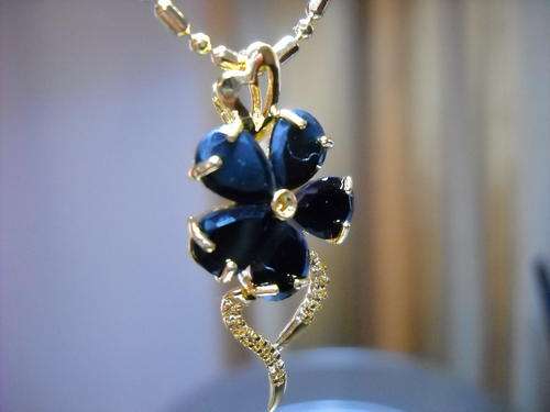 Black Sapphires Set In 14k Gold Plate Pendant With Chain Necklace.