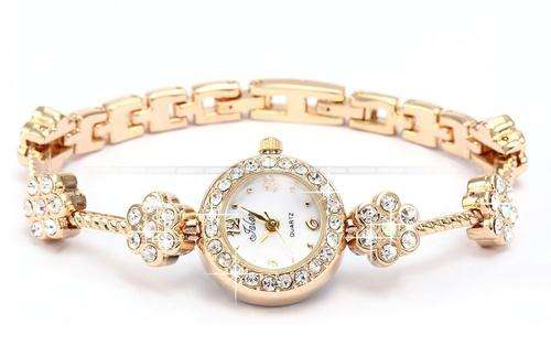 Ladies Golden Crystal Classic Flower Bracelet Bangle Quartz Watch
