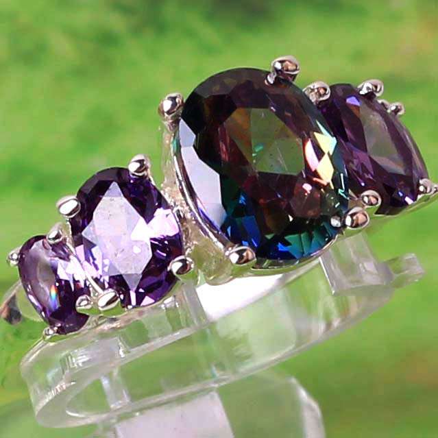 Rainbow, White Topaz And Amethyst Gemstones Set in Sterling Silver Ring. Captivating