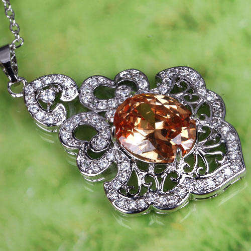 Beautiful Art Deco Morganite, White Topaz Set In Silver Pendant Necklace With Chain