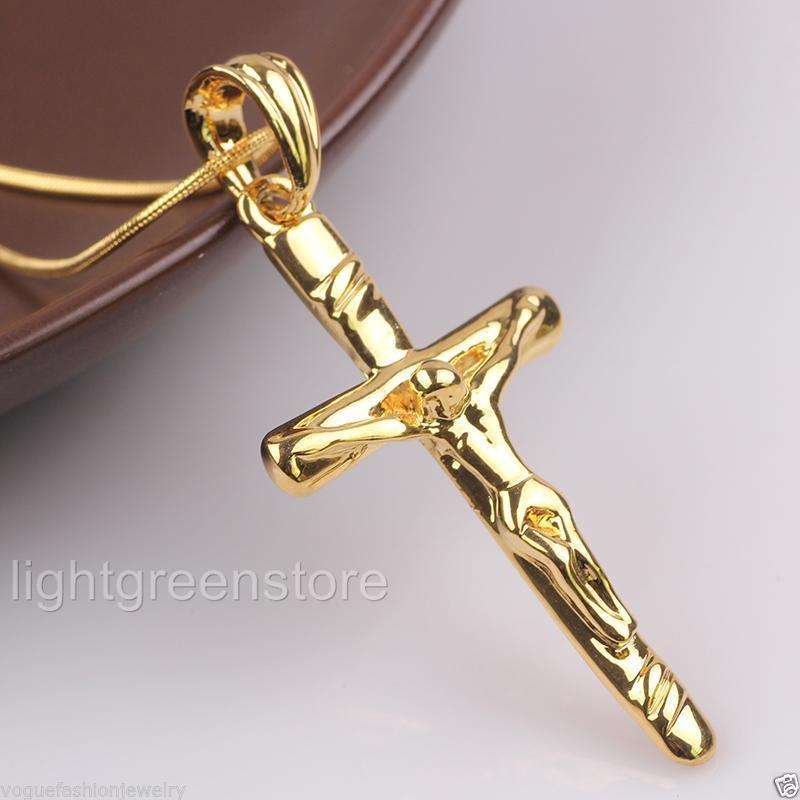 Unisex 18k Yellow Gold Filled Crucifix Cross Pendant Necklace With Chain. Lovely