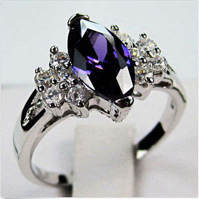 Jewelry New Ring Sz O/7 Purple Amethyst Crystal Lady's 10KT White Gold Filled Gift