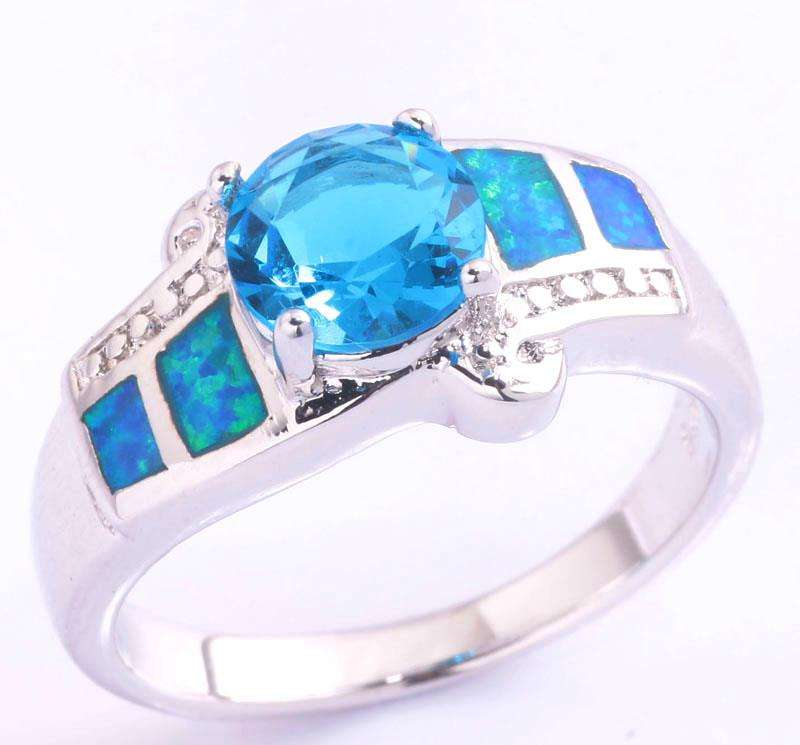 Blue Fire Opal & Aquamarine Women Fashion Jewelry Gems Silver Ring Sz 7