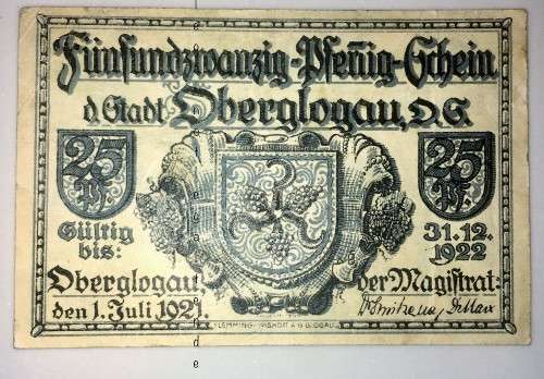 GERMANY 1921 25 PFENNIG OBERGLOGAU STADT HIGH GRADE