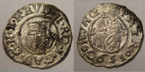 HUNGARY 1590 MEDIEVAL SILVER DENAR OF EMPEROR RUDOLPH(MADONNA&CHILD)