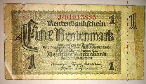GERMAN EMPIRE 1 RENTENMARK 30 JAN 1937 NAZI 3RD REICH