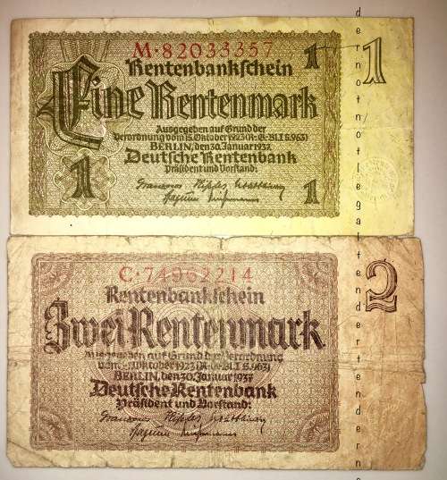 GERMAN EMPIRE 1 RENTENMARK & 2 RENTENMARK 30 JAN 1937 NAZI 3RD REICH