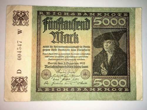 5000 MARK 2 DECEMBER 1922 WEIMER BERLIN GERMAN EMPIRE