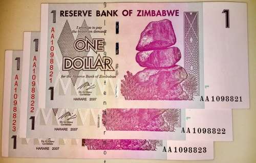 ZIMBABWE X3,,, $1 IN SEQ AA821- AA823 2007 AUNC[1 BID TAKES ALL]