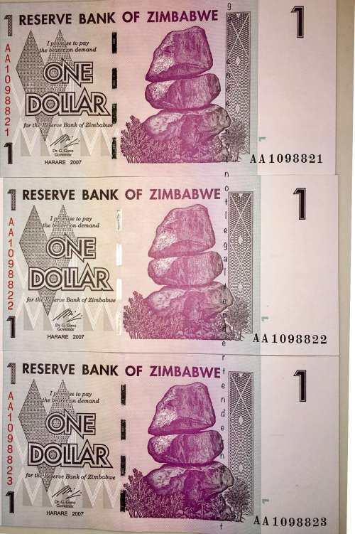 ZIMBABWE X3,,, $1 IN SEQ AA821- AA823 2007 AUNC[1 BID TAKES ALL]