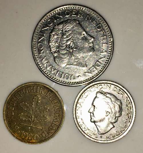 NETHERLANDS 1 GULDEN 1977 25 CENT 1948 GERMANY 10 PFENNIG 1980